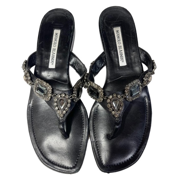 Manolo Blahnik Cesabi Embellished Thong Flats Black Size 38 - Picture 1 of 8
